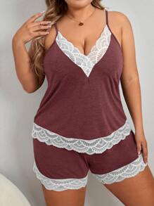Plus Contrast Lace Cami Top & Shorts PJ Set / Pajama Set - Redwood - View 3