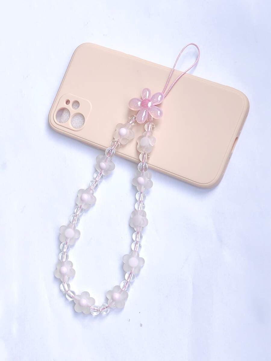 Floral Decor Beaded Universal Phone Lanyard - Pink - View 1