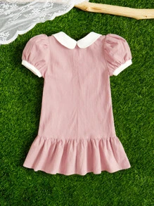 SHEIN 小女童花卉刺繡彼得潘領泡泡袖荷葉邊洋裝