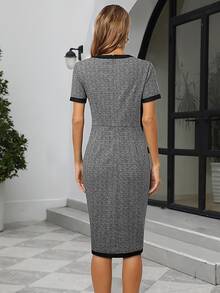 Contrast Trim Notched Neckline Dress - Grey - View 2