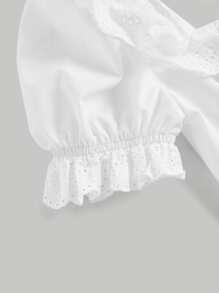 SHEIN MOD 網眼刺繡荷葉邊前蝴蝶結泡泡袖弧形下擺襯衫 - 白色 - 查看 5