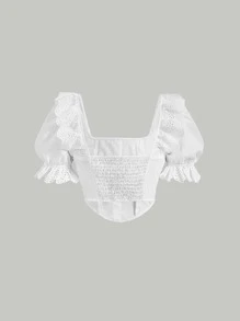 SHEIN MOD 網眼刺繡荷葉邊前蝴蝶結泡泡袖弧形下擺襯衫 - 白色 - 查看 2