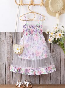Toddler Girls Floral Print Mesh Overlay Cami Romper - Multicolor - View 1