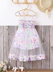 Toddler Girls Floral Print Mesh Overlay Cami Romper - Multicolor - View 2