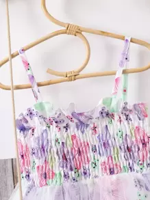 Toddler Girls Floral Print Mesh Overlay Cami Romper - Multicolor - View 4