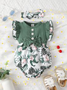 Bebé Body con estampado floral ribete con fruncido con lazo delantero - Multicolor - Ver 1