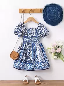 小女童佩斯利印花泡泡袖洋裝和帽