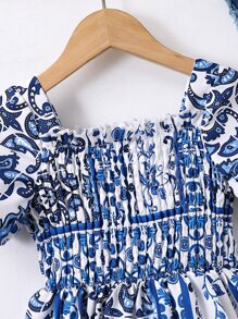 小女童佩斯利印花泡泡袖洋裝和帽