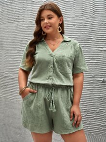 SHEIN Frenchy Plus Solid Button Front Blouse & Tassel Tie Waist Shorts - Mint Green - View 1
