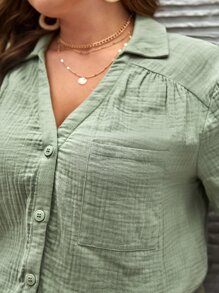 SHEIN Frenchy Plus Solid Button Front Blouse & Tassel Tie Waist Shorts - Mint Green - View 2