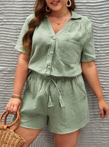 SHEIN Frenchy Plus Solid Button Front Blouse & Tassel Tie Waist Shorts - Mint Green - View 4