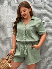 SHEIN Frenchy Plus Solid Button Front Blouse & Tassel Tie Waist Shorts - Mint Green - View 6