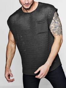 Men Pocket Patched Pointelle Knit Top - Black - View 1