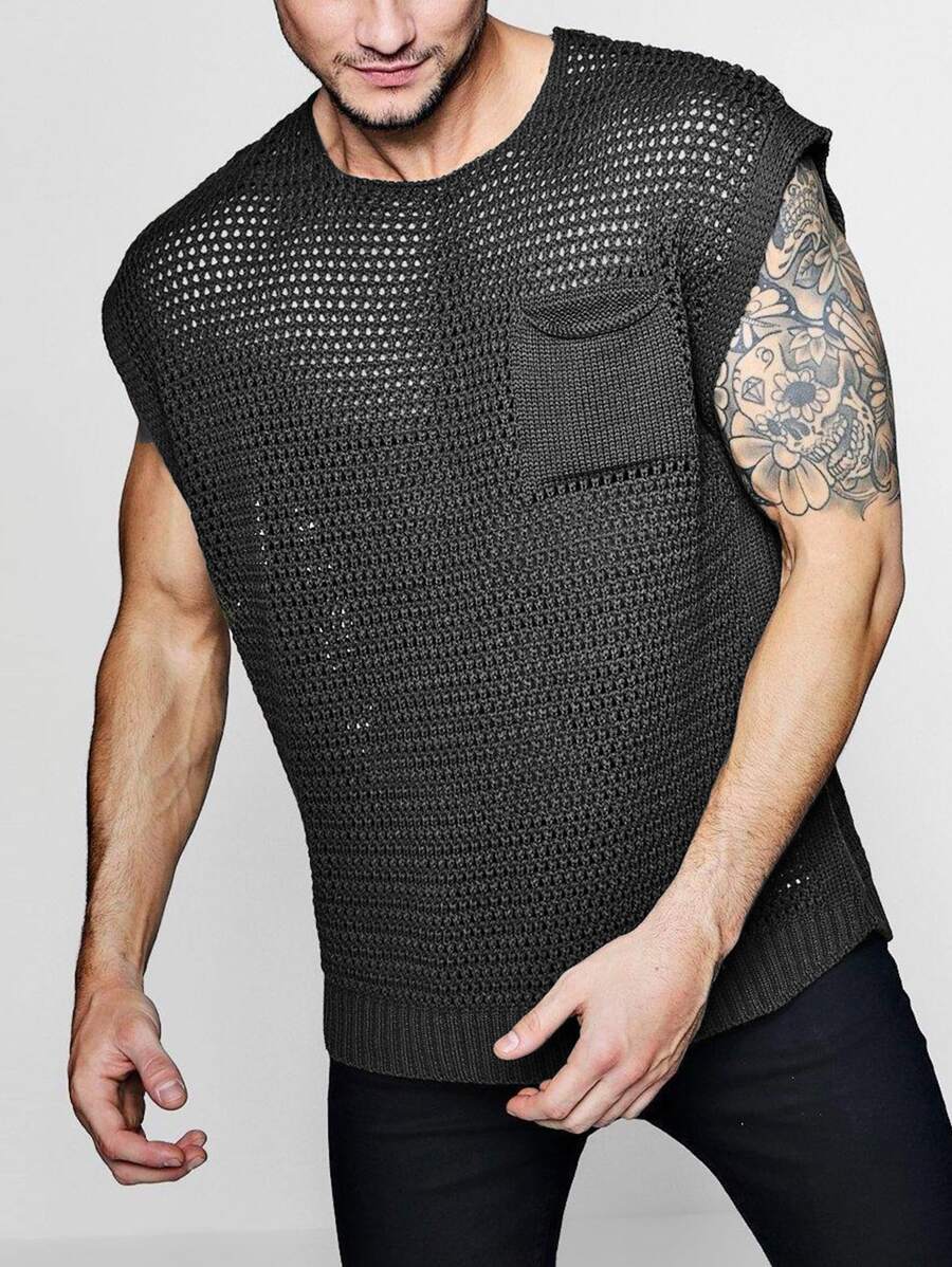 Men Pocket Patched Pointelle Knit Top - Black - View 1