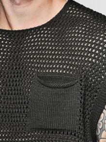 Men Pocket Patched Pointelle Knit Top - Black - View 3