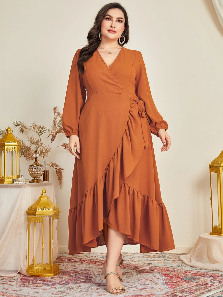 Mulvari Vestido de manga farol ribete con fruncido cruzado con nudo lateral - Amarillo Mostaza - Ver 1