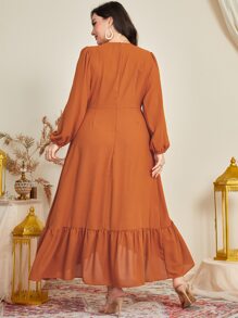 Mulvari Vestido de manga farol ribete con fruncido cruzado con nudo lateral - Amarillo Mostaza - Ver 2