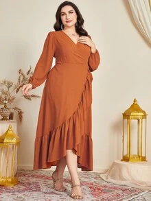 Mulvari Vestido de manga farol ribete con fruncido cruzado con nudo lateral - Amarillo Mostaza - Ver 3