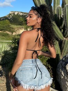 SHEIN SXY 流蘇下擺露背掛脖上衣 - 黑色 - 查看 2