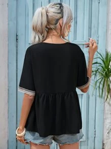 SHEIN LUNE Áo sơ mi nữ Tương phản ren Viên lá sen màu trơn Giải trí - màu đen - Xem 2