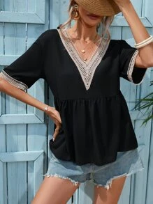 SHEIN LUNE Áo sơ mi nữ Tương phản ren Viên lá sen màu trơn Giải trí - màu đen - Xem 4