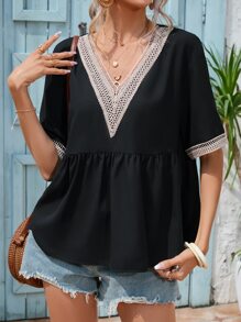 SHEIN LUNE Áo sơ mi nữ Tương phản ren Viên lá sen màu trơn Giải trí - màu đen - Xem 1