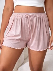 Shorts ribete en forma de lechuga con cordón delantero tejido de canalé - Rosa Pálido - Ver 4