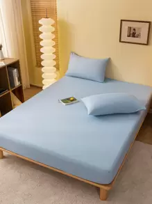 3入組肌膚友好、刷毛、洗過的平紋床上用品套裝，包括兩個枕套（1張床單和2個枕套），無皺紋和無荧光，適合機洗和裸睡 - 藍色 - 查看 2