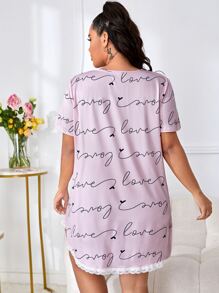 Plus Letter Graphic Contrast Lace Nightdress - Pink - View 2