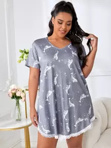 大碼海豚圖案蕾絲邊睡裙