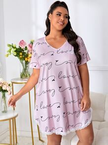 Plus Letter Graphic Contrast Lace Nightdress - Pink - View 3