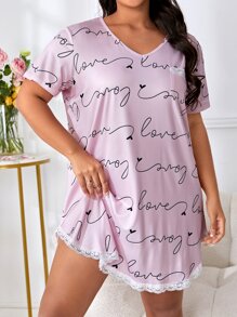 Plus Letter Graphic Contrast Lace Nightdress - Pink - View 4