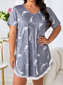 大碼海豚圖案蕾絲邊睡裙