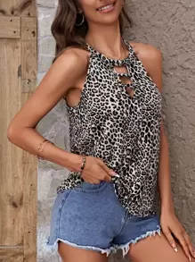 SHEIN LUNE Leopard Print Cut Out Front Halter Top - Multicolor - View 1