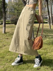 DAZY Flap Pocket Side Split Hem Cargo Skirt - Khaki - View 1