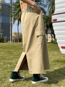 DAZY Flap Pocket Side Split Hem Cargo Skirt - Khaki - View 2