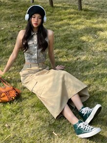 DAZY Flap Pocket Side Split Hem Cargo Skirt - Khaki - View 5