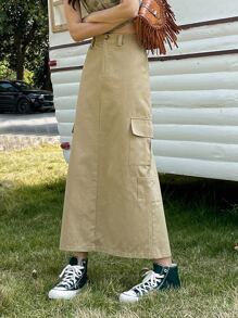 DAZY Flap Pocket Side Split Hem Cargo Skirt - Khaki - View 6