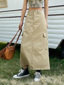 DAZY Flap Pocket Side Split Hem Cargo Skirt - Khaki - View 8