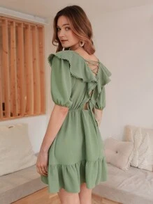 SHEIN Frenchy Đầm Tương phản ren Xù Viên lá sen màu trơn Boho - màu xanh lá - Xem 1