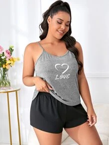 con estampado de corazón y letra Cami Top para dormir - Gris - Ver 3