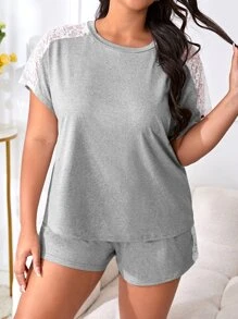 Conjunto de pijama con encaje en contraste de manga murciélago - Gris Claro - Ver 3