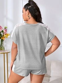 Conjunto de pijama con encaje en contraste de manga murciélago - Gris Claro - Ver 2