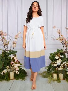 SHEIN Maternity Colourblock Belted Dress - Multicolor - View 4