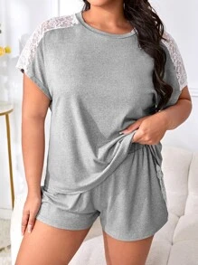 Conjunto de pijama con encaje en contraste de manga murciélago - Gris Claro - Ver 4