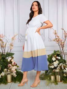 SHEIN Maternity Colourblock Belted Dress - Multicolor - View 6