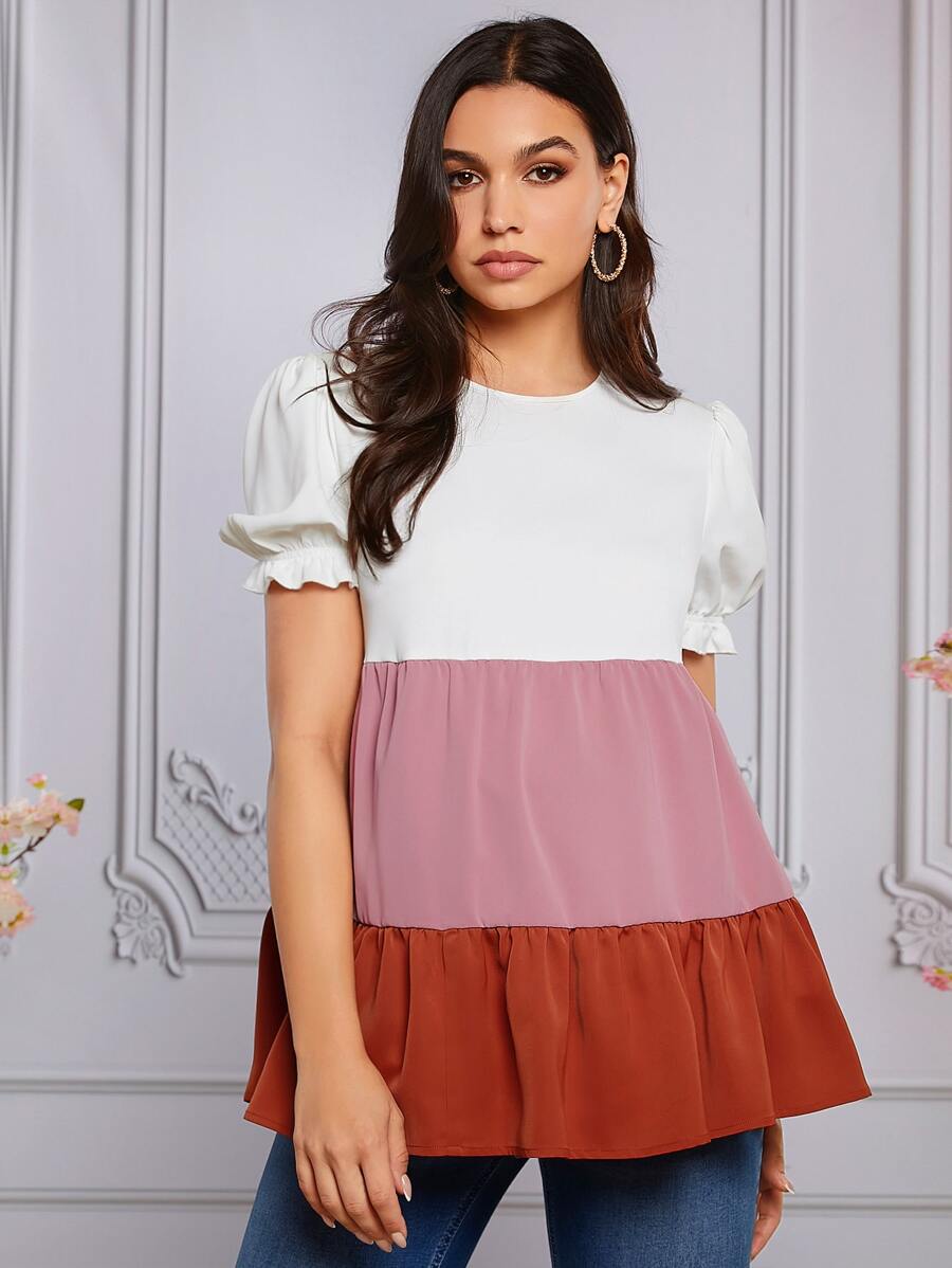 SHEIN Maternity Puff Sleeve Colourblock Peplum Top - Multicolor - View 1
