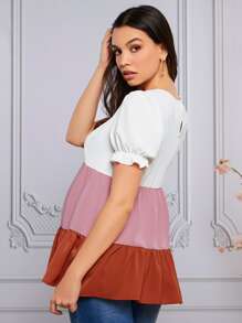 SHEIN Maternity Puff Sleeve Colourblock Peplum Top - Multicolor - View 2