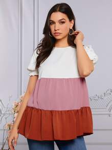 SHEIN Maternity Puff Sleeve Colourblock Peplum Top - Multicolor - View 3
