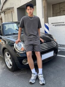 DAZY Hombres Camiseta unicolor algodón & Shorts con bolsillo oblicuo